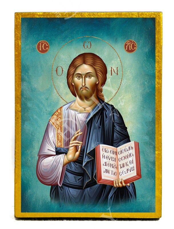 Jesus Christ icon, Handmade Greek Orthodox icon of our Lord, Byzantine art wall hanging on wood plaque, religious icon home decor