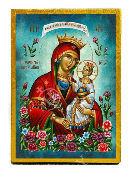 Virgin Mary icon Panagia Rose Amaranth, Handmade Greek Orthodox Icon, Mother of God Byzantine art, Theotokos wall hanging wood plaque gift - TheHolyArt