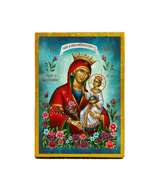Virgin Mary icon Panagia Rose Amaranth, Handmade Greek Orthodox Icon, Mother of God Byzantine art, Theotokos wall hanging wood plaque gift