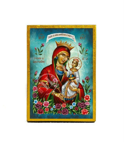 Virgin Mary icon Panagia Rose Amaranth, Handmade Greek Orthodox Icon, Mother of God Byzantine art, Theotokos wall hanging wood plaque gift - TheHolyArt
