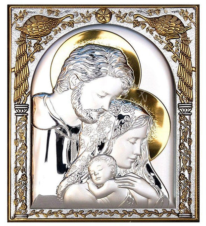The Holy Family icon, Handmade Silver 999 Greek Orthodox icon, Byzantine art wall hanging on wood plaque icon, religious icon home decor (3) - TheHolyArt