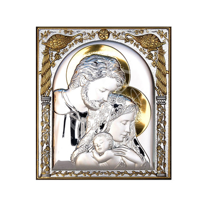 The Holy Family icon, Handmade Silver 999 Greek Orthodox icon, Byzantine art wall hanging on wood plaque icon, religious icon home decor (3) - TheHolyArt
