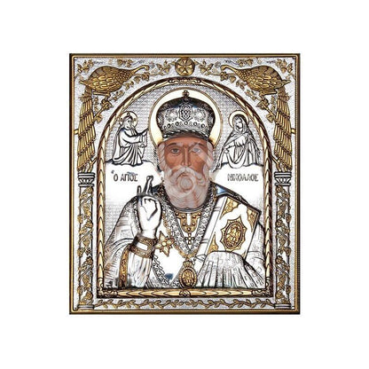 Saint Nicholas icon, Handmade Silver 999 Greek Orthodox St Nick icon, Byzantine art wall hanging wood plaque icon, religious icon home decor - TheHolyArt