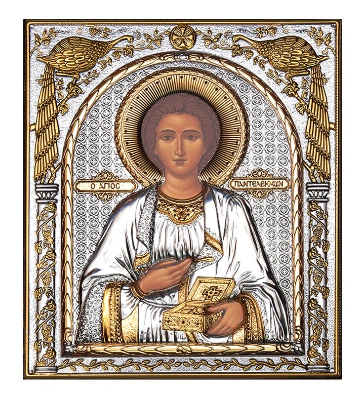 Saint Panteleimon icon, Handmade Silver 999 Greek Orthodox icon St Pantaleon, Byzantine art wall hanging on wood plaque religious icon gift