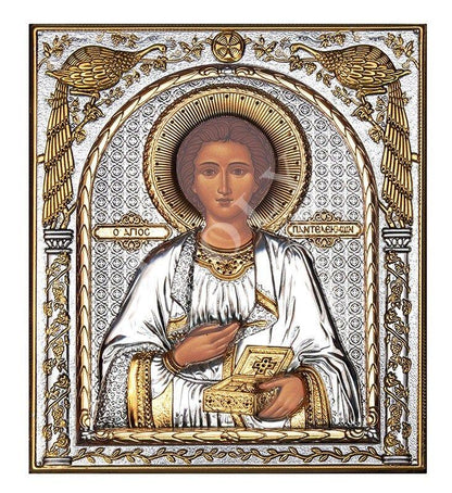 Saint Panteleimon icon, Handmade Silver 999 Greek Orthodox icon St Pantaleon, Byzantine art wall hanging on wood plaque religious icon gift - TheHolyArt