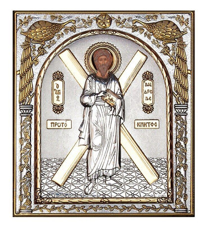 Saint Andrew icon, Handmade Silver 999 Greek Orthodox icon St Andrew, Byzantine art wall hanging on wood plaque religious icon gift - TheHolyArt