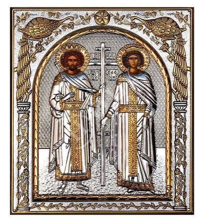 Saint Constantine icon & Saint Helen icon , Handmade Silver 999 Greek Orthodox icon, Byzantine art wall hanging on wood religious plaque - TheHolyArt