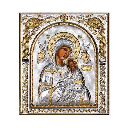 Virgin Mary icon Panagia Queen of Angels, Handmade Silver 999 Greek Orthodox icon, Byzantine art wall hanging on wood plaque religious icon - TheHolyArt
