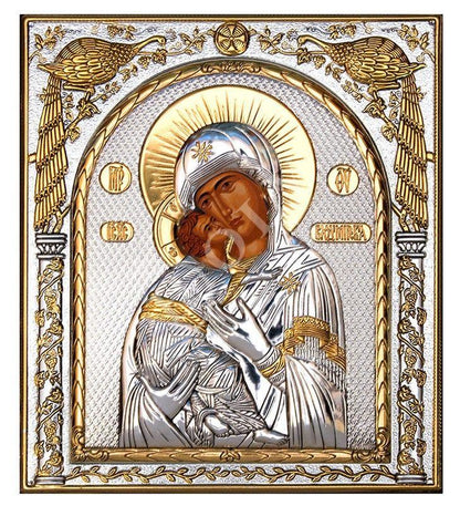 Virgin Mary icon Panagia of Vladimir, Handmade Silver 999 Greek Orthodox icon, Byzantine art wall hanging on wood plaque religious icon - TheHolyArt