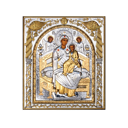 Virgin Mary icon Panagia Pantanassa, Handmade Silver 999 Greek Orthodox icon, Byzantine art wall hanging on wood plaque religious icon