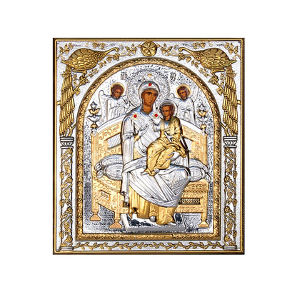 Virgin Mary icon Panagia Pantanassa, Handmade Silver 999 Greek Orthodox icon, Byzantine art wall hanging on wood plaque religious icon - TheHolyArt