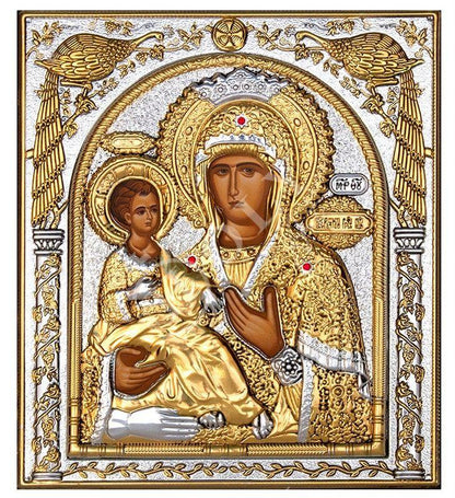Virgin Mary icon Panagia Tricherousa, Handmade Silver 999 Greek Orthodox icon, Byzantine art wall hanging on wood plaque religious icon gift - TheHolyArt