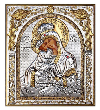 Virgin Mary icon Panagia of Potsaef, Handmade Silver 999 Greek Orthodox icon, Byzantine art wall hanging on wood plaque religious icon gift - TheHolyArt