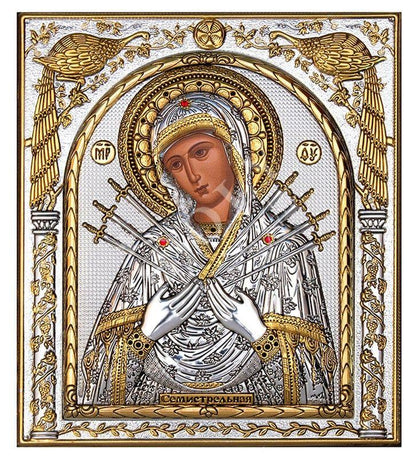 Virgin Mary icon Panagia of Seven Swords, Handmade Silver 999 Greek Orthodox icon, Byzantine art wall hanging on wood plaque religious icon - TheHolyArt