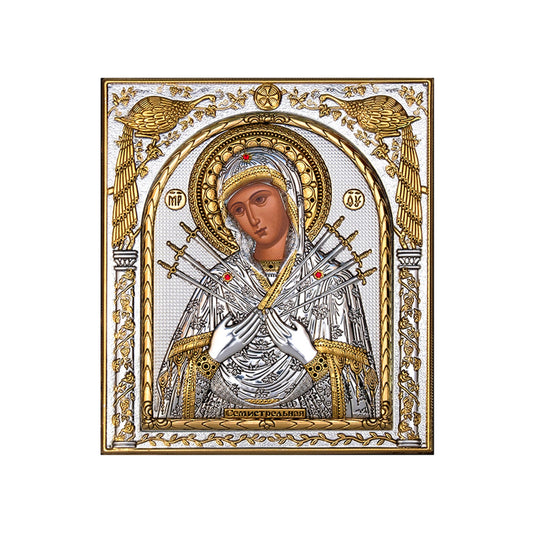 Virgin Mary icon Panagia of Seven Swords, Handmade Silver 999 Greek Orthodox icon, Byzantine art wall hanging on wood plaque religious icon