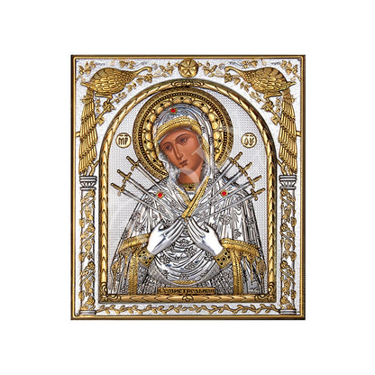 Virgin Mary icon Panagia of Seven Swords, Handmade Silver 999 Greek Orthodox icon, Byzantine art wall hanging on wood plaque religious icon - TheHolyArt