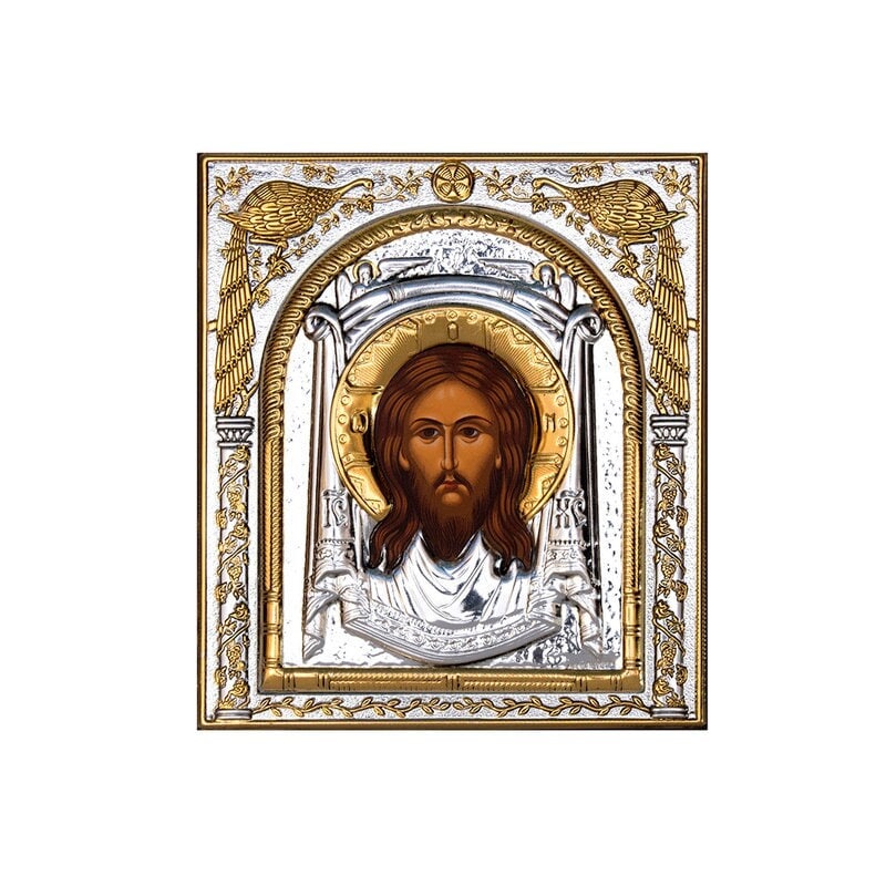 Jesus Christ icon Mandylion, Handmade Silver 999 Greek Orthodox icon, Byzantine art wall hanging on wood plaque religious icon decor gift