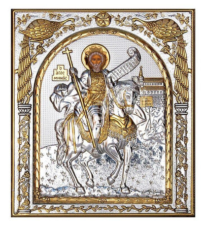 Saint Menas icon , Handmade Silver 999 Greek Orthodox icon of St Menas, Byzantine art wall hanging on wood religious plaque gift - TheHolyArt