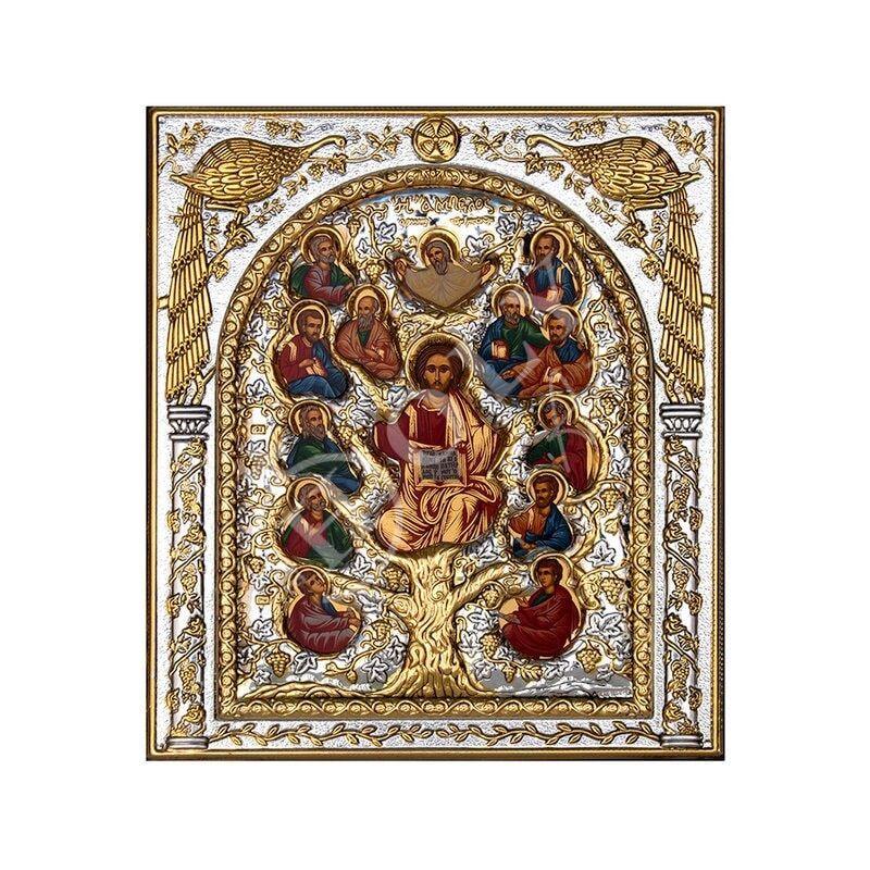 Jesus Christ icon with Apostles , Handmade Silver 999 Greek Orthodox icon of Ampelos True Vine, Byzantine art wall hanging religious plaque