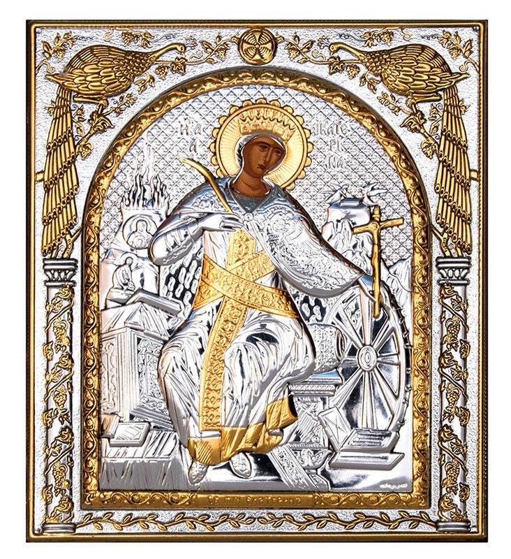 Saint Catherine icon of Sina, Handmade Silver 999 Greek Orthodox icon of St Katherine, Byzantine art wall hanging on wood religious plaque