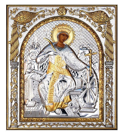 Saint Catherine icon of Sina, Handmade Silver 999 Greek Orthodox icon of St Katherine, Byzantine art wall hanging on wood religious plaque - TheHolyArt
