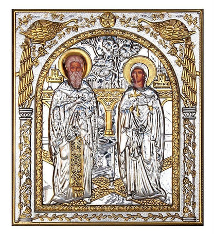 Saint Cyprian & Justina icon, Handmade Silver 999 Greek Orthodox icon of St Cyprian Justina, Byzantine art wall hanging religious plaque - TheHolyArt