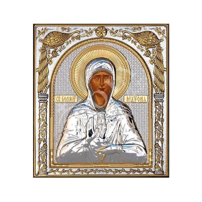 Saint Matrona icon, Handmade Silver 999 Greek Orthodox icon of St Matrona of Moscow, Byzantine art wall hanging on wood religious plaque - TheHolyArt