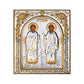 Saint Cosmas and Damian icon, Handmade Silver 999 Greek Orthodox icon of Agioi Anargyroi Byzantine art wall hanging on wood religious plaque