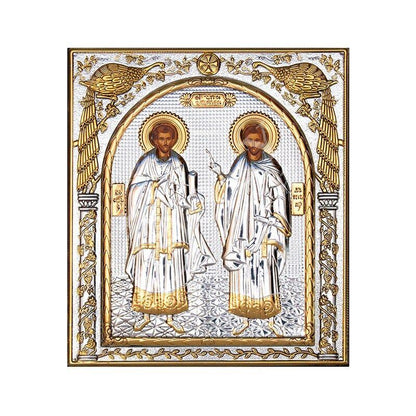 Saint Kosmas and Damianos icon, Handmade Silver 999 Greek Orthodox icon of Agioi Anargyroi Byzantine art wall hanging on wood religious plaque - TheHolyArt