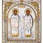 Saint Cosmas and Damian icon, Handmade Silver 999 Greek Orthodox icon of Agioi Anargyroi Byzantine art wall hanging on wood religious plaque