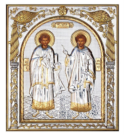 Saint Kosmas and Damianos icon, Handmade Silver 999 Greek Orthodox icon of Agioi Anargyroi Byzantine art wall hanging on wood religious plaque - TheHolyArt