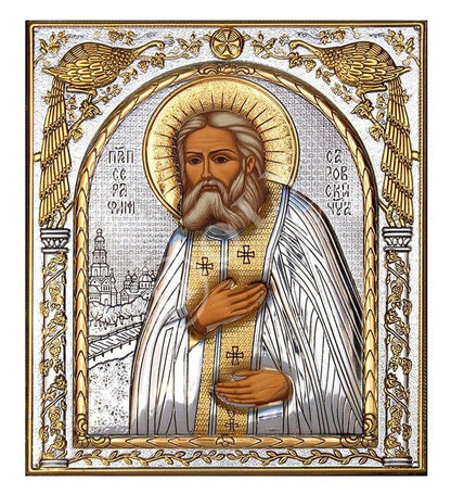 Saint Seraphim icon, Handmade Silver 999 Greek Orthodox icon of St Seraphim of Sarov, Byzantine art wall hanging on wood religious plaque - TheHolyArt