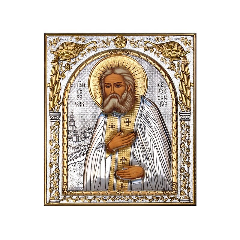 Saint Seraphim icon, Handmade Silver 999 Greek Orthodox icon of St Seraphim of Sarov, Byzantine art wall hanging on wood religious plaque