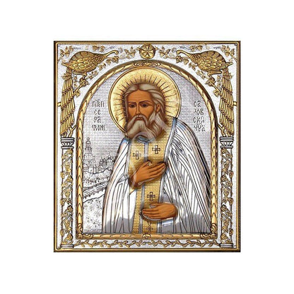 Saint Seraphim icon, Handmade Silver 999 Greek Orthodox icon of St Seraphim of Sarov, Byzantine art wall hanging on wood religious plaque - TheHolyArt