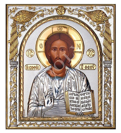 Jesus Christ icon, Handmade Silver 999 Greek Orthodox icon of Our Lord, Byzantine art wall hanging on wood plaque religious icon decor gift (2) - TheHolyArt