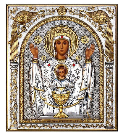 Virgin Mary icon Panagia Platytera, Handmade Silver 999 Greek Orthodox icon, Byzantine art wall hanging on wood plaque religious icon gift - TheHolyArt