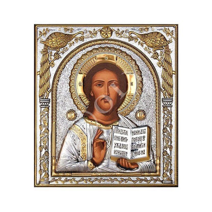 Jesus Christ icon, Handmade Silver 999 Greek Orthodox icon of Our Lord, Byzantine art wall hanging on wood plaque religious icon decor gift (1) - TheHolyArt