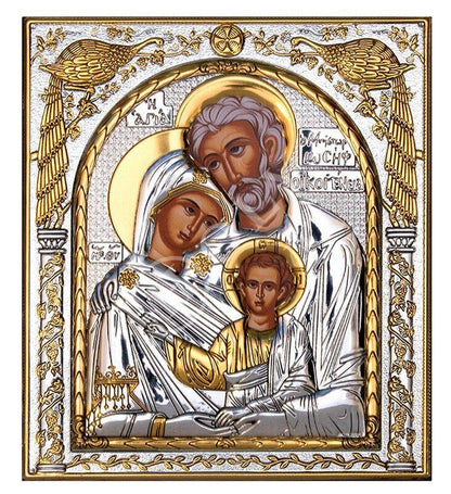 The Holy Family icon, Handmade Silver 999 Greek Orthodox icon, Byzantine art wall hanging on wood plaque icon, religious icon home decor - TheHolyArt