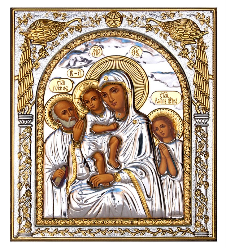 The Holy Family icon, Handmade Silver 999 Greek Orthodox icon, Byzantine art wall hanging on wood plaque icon, religious icon home decor