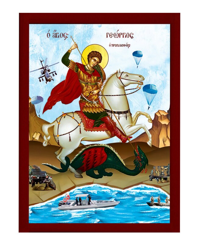 Saint George icon, Handmade Greek Orthodox icon of St George Protector of Infantry, Byzantine art wall hanging icon wood plaque decor