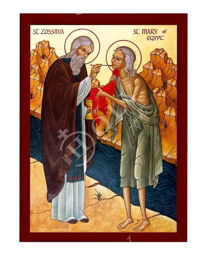 Saint Maria of Egypt & Saint Zossima icon, Handmade Greek Orthodox icon Byzantine art wall hanging wood plaque, religious gift home decor - TheHolyArt