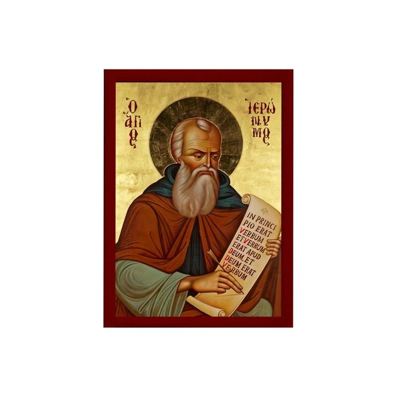 Saint Jerome icon, Handmade Greek Orthodox icon St Hieronymus, Byzantine art wall hanging wood plaque, religious gift home decor