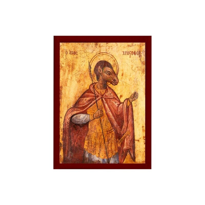 Saint Christopher icon, Handmade Greek Orthodox icon of the Cynocephalus Christopher of Lycea, Byzantine art wall hanging on wood plaque