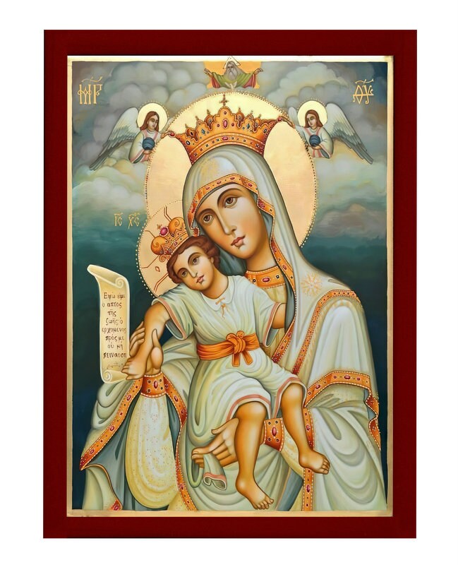 Virgin Mary icon Panagia, Handmade Greek Orthodox Icon Queen of Angels, Mother of God Byzantine art, Theotokos wall hanging wood plaque