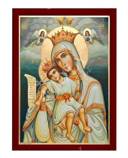 Virgin Mary icon Panagia, Handmade Greek Orthodox Icon Queen of Angels, Mother of God Byzantine art, Theotokos wall hanging wood plaque - TheHolyArt