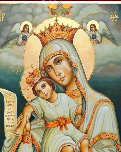 Virgin Mary icon Panagia, Handmade Greek Orthodox Icon Queen of Angels, Mother of God Byzantine art, Theotokos wall hanging wood plaque - TheHolyArt