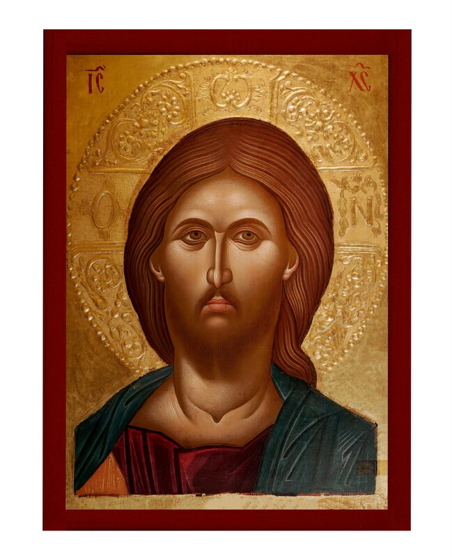 Jesus Christ icon, Handmade Greek Orthodox icon of our Lord, Byzantine art wall hanging on wood plaque, religious icon home decor