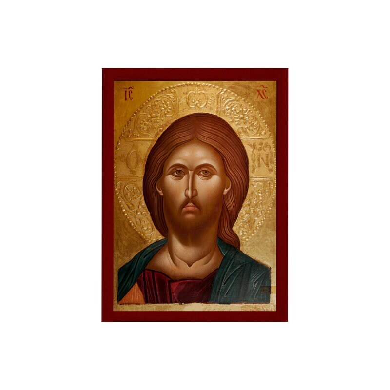 Jesus Christ icon, Handmade Greek Orthodox icon of our Lord, Byzantine art wall hanging on wood plaque, religious icon home decor
