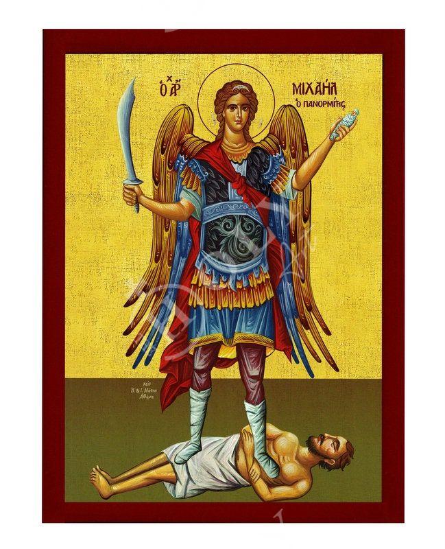 Archangel Michael Panormitis icon, Handmade Greek Orthodox icon St Michael, Byzantine art wall hanging on wood plaque religious icon gift