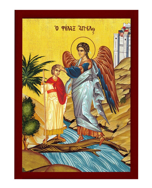 Guardian Angel icon, Handmade Greek Orthodox icon Protector Archangel, Byzantine art wall hanging on wood plaque religious icon gift